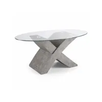 table basse ovale avec plateau en verre et piètement couleur ciment