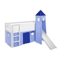 lit surélevé ludique jelle 90x200 cm bleu - lilokids - blanc laqué - avec tour, toboggan et rideaux