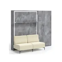 lit escamotable verticale avec canapé et armoire marko 80x190-canapé gris clair-structure et façade frêne 3d