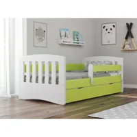 lit enfant avec barrière de sécurité amovible vert klaky-matelas mousse-couchage 80x140 cm-tiroirs avec tiroir