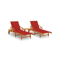 lot de 2 transats chaise longue bain de soleil lit de jardin terrasse meuble d'extérieur avec table et coussins acacia solide helloshop26 02_0012123