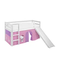 lit surélevé ludique jelle 90x200 cm hello kitty lilas - lilokids - blanc laqué - avec toboggan et rideaux