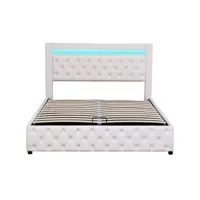 lit coffre lit rembourré lit 140 x 200 cm, lit fonctionnel avec sommier à lattes et espace de rangement, avec éclairage led lit adulte pu blanc