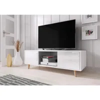 meuble banc tv - 140 cm - blanc mat / blanc brillant - style scandinave sweden
