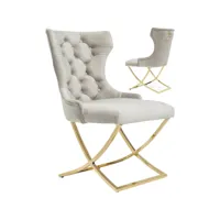 lot de 2 chaises de salle à manger design avec capitonnage à l'arrière revêtement en velours beige et piètement croisé en acier inoxydable doré collection lord viv-112754