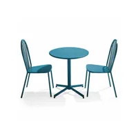 ensemble table ronde et 2 chaises de jardin en métal bleu pacific - palavas