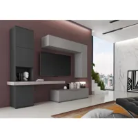 système mural de salon, meuble tv avec 2 éléments hauts avec étagères et étagère, séjour complet, 150x49h38 cm, couleur gris et anthracite 8052773512190