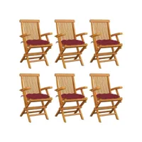 chaises de jardin avec coussins rouge bordeaux 6pcs teck massif