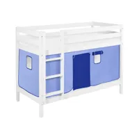 lits superposés jelle 90x200 cm bleu - lilokids - blanc laqué - avec rideaux et sommier à lattes