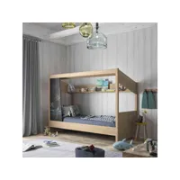 lit cabane enfant avec étagère en bois imitation châtaignier naturel 90x200 - lt5059