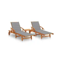 lot de 2 transats chaise longue bain de soleil lit de jardin terrasse meuble d'extérieur avec table et coussins acacia solide helloshop26 02_0012103