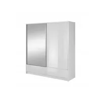 armoire placard 214x62x214cm porte coulissante 2 tiroirs miroir penderie et étagères blanc brillant ariana1