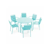 ensemble table de jardin ronde et 6 fauteuils acier turquoise - palavas