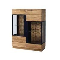 vitrine 3 portes en bois de chêne miel et acier noir mazora 107 cm