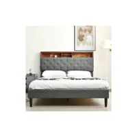 lit capitonné lit double avec tête de lit coffre et éclairage led, sommier à lattes en bois, 140 x 200 cm, gris (sans matelas).
