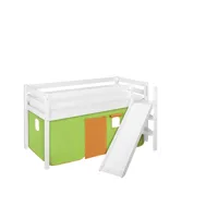 lit surélevé ludique jelle 90x200 cm vert orange - lilokids - blanc laqué - avec toboggan incliné et rideaux