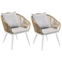 lot de 2 fauteuil de jardin en résine tressée structure alu blanc + coussin chiné gris-beige maldives - jardiline