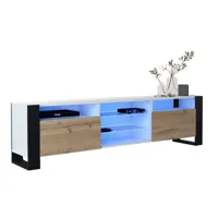 meuble tv 200 cm lovy led blanc mat et porte chêne - style industriel