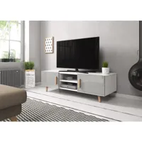 meuble banc tv - 140 cm - blanc mat / gris brillant - style scandinave sweden