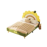 lit enfant,lit plat en pu 140x200cm avec conception de noeud papillon au bout du lit,en forme de tournesol,jaune