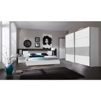 ensemble chambre adulte lit futon avec éclairage en blanc, rechampis teinte béton gris clair - 180 x 200 cm -pegane-