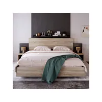 lit adulte 160x200 cm avec 2 tables de chevet, cadre en bois, sommier à lattes, naturel