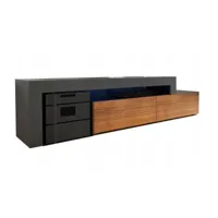 meuble tv flex noir avec facade bois - extensible angle 148 à 280 cm led