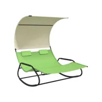 transat chaise longue bain de soleil lit de jardin terrasse meuble d'extérieur double à bascule avec auvent vert et crème helloshop26 02_0012767