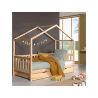 lit cabane enfant à barreaux en bois massif naturel 90x200 avec tiroir de lit - lt2025