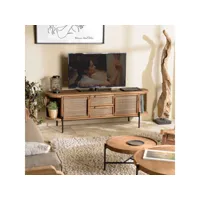 alida - meuble tv arrondi en bois de teck recyclé 2 portes 2 tiroirs