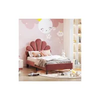 lit enfant à plateforme avec tête de lit en forme de fleur, cadre de lit avec sommier à lattes, lit pour adolescent en tissu velours doux, lit d'appoint (couleur : rouge haricot)
