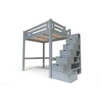 lit mezzanine adulte bois + escalier cube hauteur réglable alpage 160x200  gris aluminium alpag160cub-ga