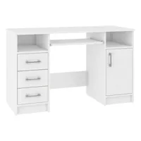 kama - bureau informatique - 124x74x52 cm - 3 tiroirs + support clavier + niches - table d'ordinateur - mobilier bureau - blanc