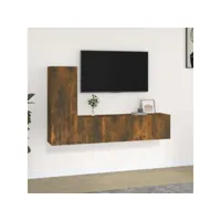 ensemble de meubles tv 3 pcs  bancs tv armoires de rangement chêne fumé bois d'ingénierie meuble pro frco37236