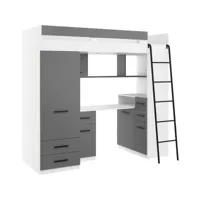 lit mezzanine 80x200cm avec échelle placard, bureau, bibliothèque et beaucoup d'étagéres samy p blanc /graphite