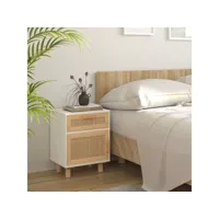 table de chevet table d'appoint  table de nuit blanc bois de pin massif et rotin naturel - meuble pro frco16202