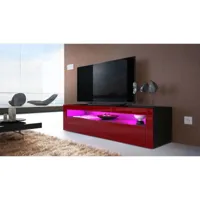 meuble tv 155 cm noir mat façade bordeaux  laqué + led