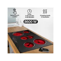 jago® table de cuisson - vitrocéramique, 5 foyers, encastrable, 8600 w, avec contrôle tactile, minuterie et verrouillage de sécurité, grattoir, 9 niveaux de puissance - plaque de cuisson électrique