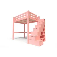 lit mezzanine adulte bois + escalier cube hauteur réglable alpage 160x200  rose pastel alpag160cub-rosepas