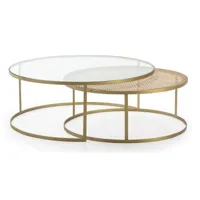set de 2 tables basses rondes verre transparent rotin naturel et métal doré d 120/d 100 cm