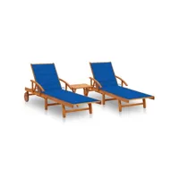 lot de 2 transats chaise longue bain de soleil lit de jardin terrasse meuble d'extérieur avec table et coussins acacia solide helloshop26 02_0012115
