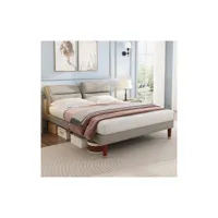 lit rembourré, lit double avec tête de lit réglable, sommier en bois, 160*200cm, lin, beige-gris moselota