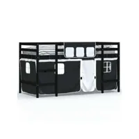 lit mezzanine enfants et rideaux blanc/noir 90x200cm pin massif