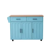 buffet de cuisine 129 x 71 x 91,5 cm, meuble bleu + plan de travail pliable + porte de rangement design + roulettes + pieds en bois massif commutables