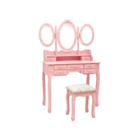 coiffeuse avec tabouret table console - meuble de chambre et miroir pliable en 3 rose meuble pro frco45767