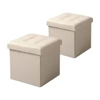 lot de 2 tabouret pouf coffre de rangement pliable en lin-37.5x37.5x38cm crème