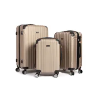 set de 3 valises de voyage rigide, rigide e légère abs valise de voyage à roulettes valises, 4 doubles roues, champagne