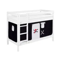 lits superposés jelle 90x200 cm pirate noir blanc laqué - lilokids - blanc laqué - avec rideaux et sommier à lattes