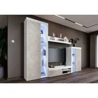furnix media wall unité murale rivay meuble tv vitrine 4 pièces. béton blanc de 270 cm de large