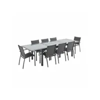 salon de jardin table extensible - philadelphie gris anthracite - table en aluminium 200-300cm. plateau de verre. rallonge et 8 fauteuils en textilène